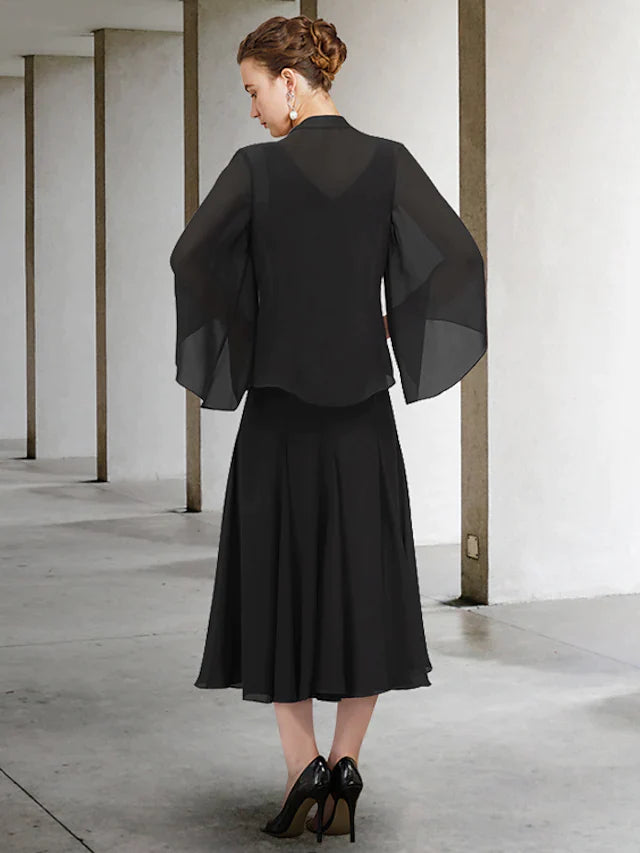 Two Piece A-Line Mother of the Bride Dress Elegant V Neck Tea Length Chiffon Long Sleeve with Beading