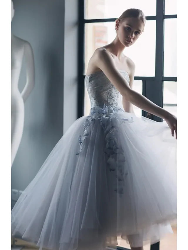 DingjiBall Gown Elegant Vintage Graduation Engagement Dress Strapless Sleeveless Tea Length Tulle with Tier Appliques