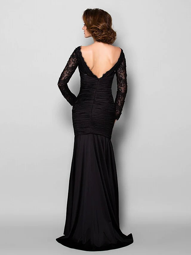 Mother of the Bride Dress Beautiful Back Jewel Neck Lace Jersey Long Sleeve with Lace Ruched Beading
