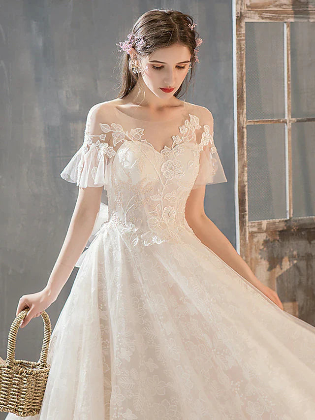 DingjiPrincess A-Line Wedding Dresses Jewel Neck Court Train Lace Tulle Short Sleeve Romantic with Bow(s) Beading Appliques