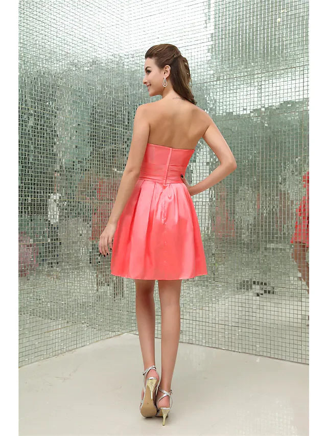 DingjiA-Line Elegant Cocktail Party Dress Strapless Sleeveless Short Mini Taffeta with Pleats Beading