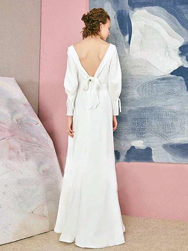 A-Line Wedding Dresses V Neck Floor Length Chiffon Long Sleeve Simple Vintage with Bow(s)