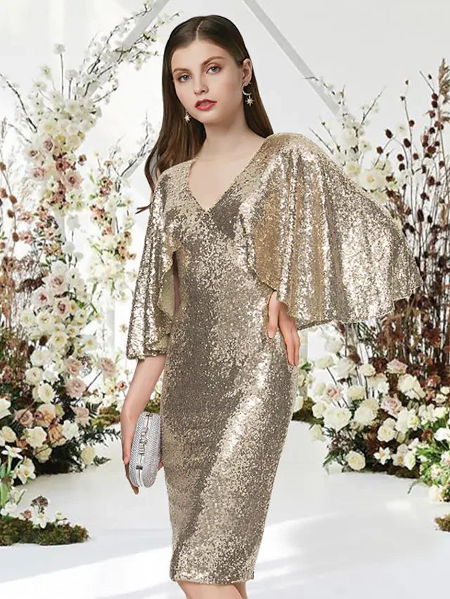 DingjiGlittering Sparkle Graduation Cocktail Party Dress V Neck Half Sleeve Knee Length Sequined with Sleek