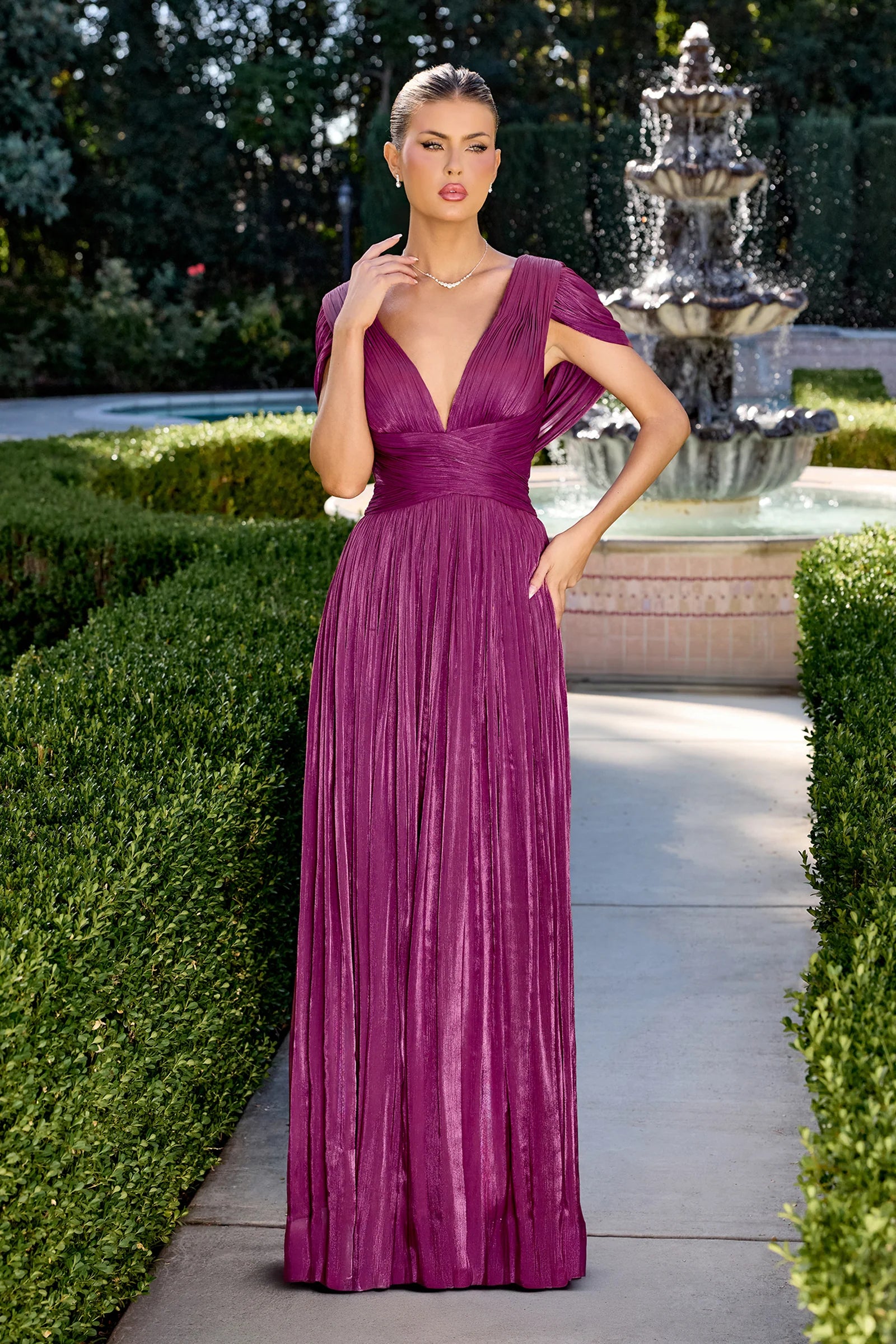 V Neck Olive Green Metallic Pleated Evening Dresses with Draped Sleeves and Train