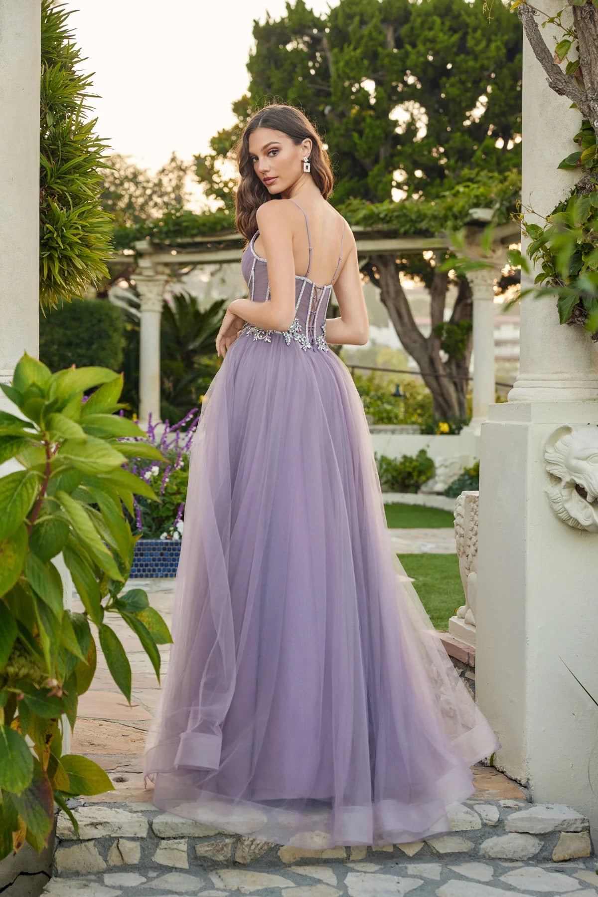V Neck Sky Blue Tulle Evening Dresses with Beaded Waist Accents and Front Slit