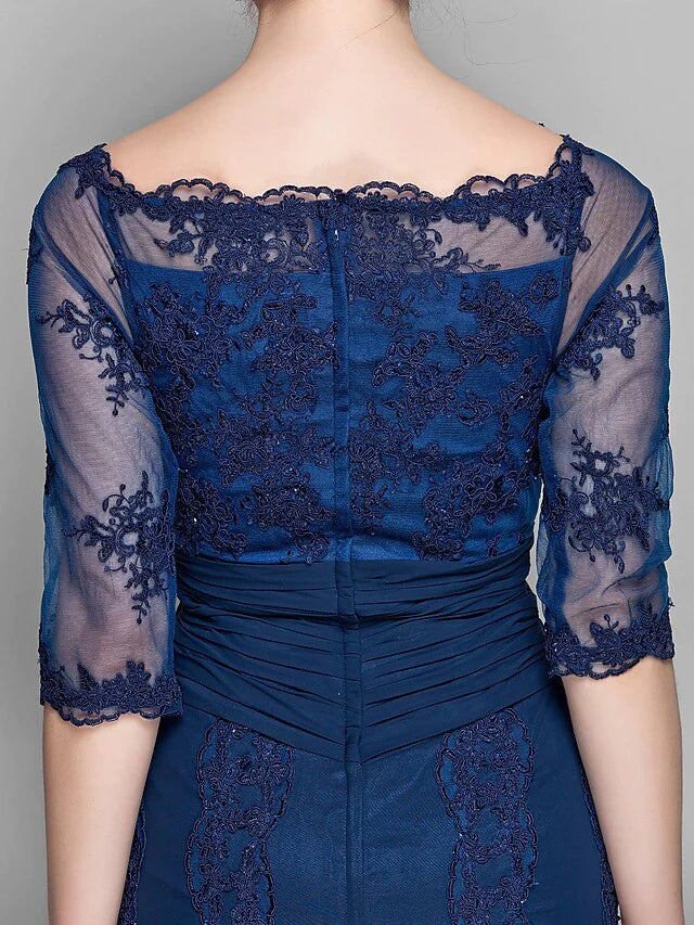 Mother of the Bride Dress Vintage Inspired Off Shoulder Knee Length Chiffon Tulle Half Sleeve with Ruched Appliques