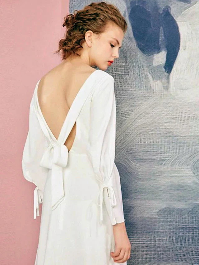 A-Line Wedding Dresses V Neck Floor Length Chiffon Long Sleeve Simple Vintage with Bow(s)