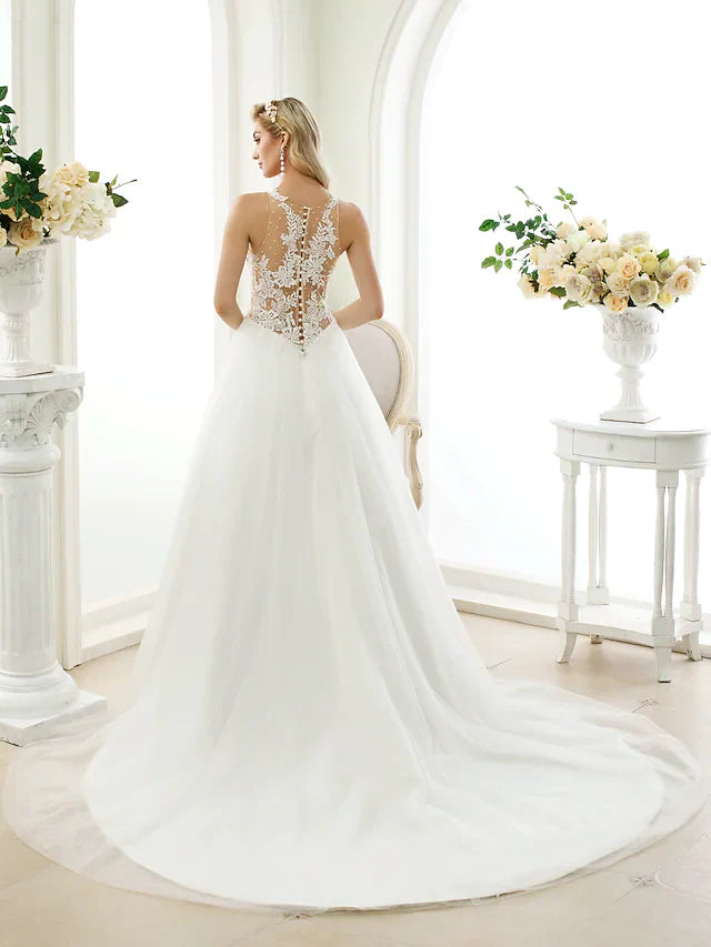 DingjiBall Gown Wedding Dresses Jewel Neck Chapel Train Lace Tulle Lace Over Tulle Regular Straps See-Through Beautiful Back with Buttons Appliques