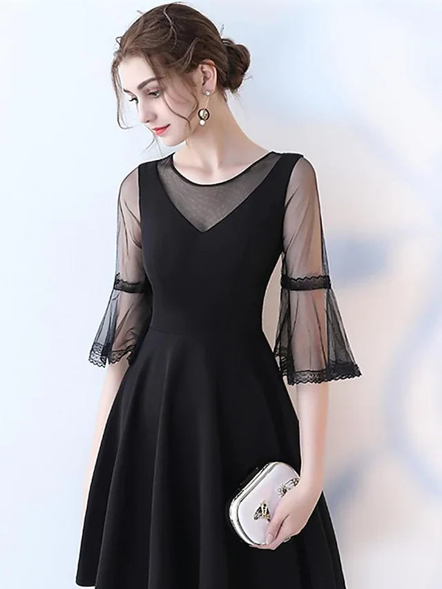DingjiA-Line Minimalist Sexy Engagement Cocktail Party Dress Jewel Neck Half Sleeve Knee Length Tulle with Pleats