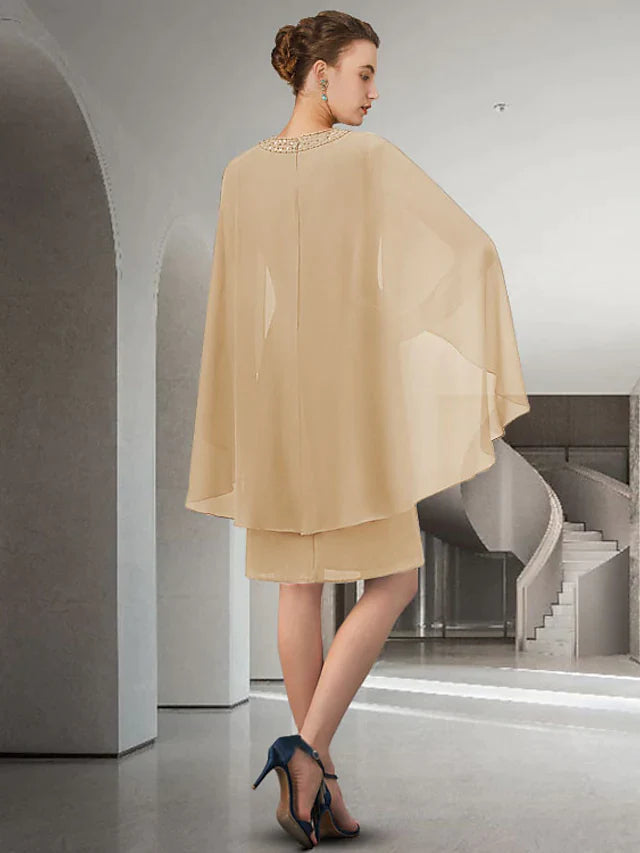 Mother of the Bride Dress Elegant Jewel Neck Knee Length Chiffon Long Sleeve with Beading Ruffles