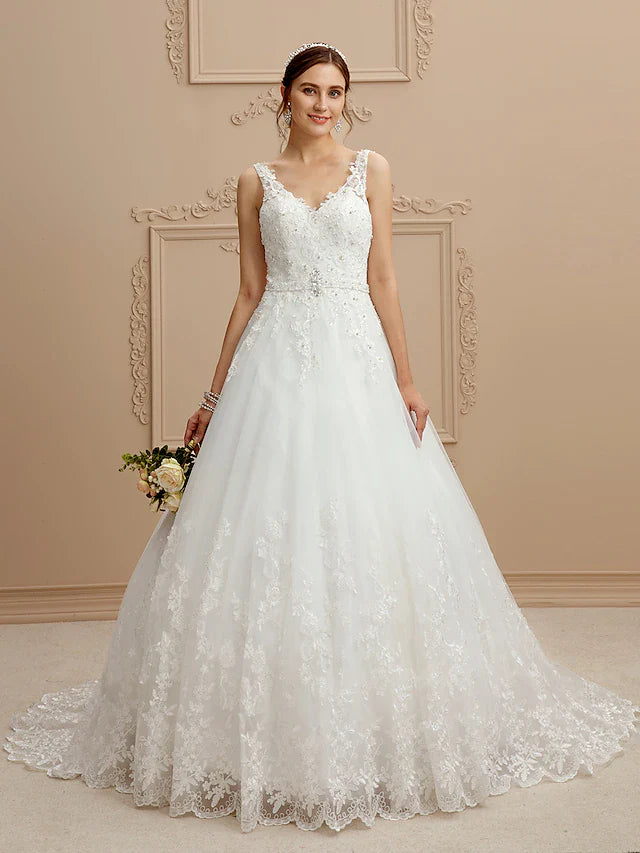 DingjiBall Gown Wedding Dresses V Neck Court Train Tulle Beaded Lace Lace Over Tulle Spaghetti Strap Glamorous Illusion Detail Backless with Beading Appliques