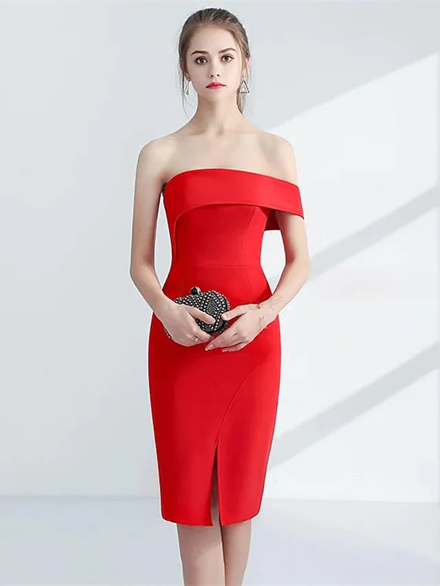 DingjiMinimalist Elegant Engagement Cocktail Party Dress Strapless Sleeveless Knee Length Stretch Fabric with Sleek Split