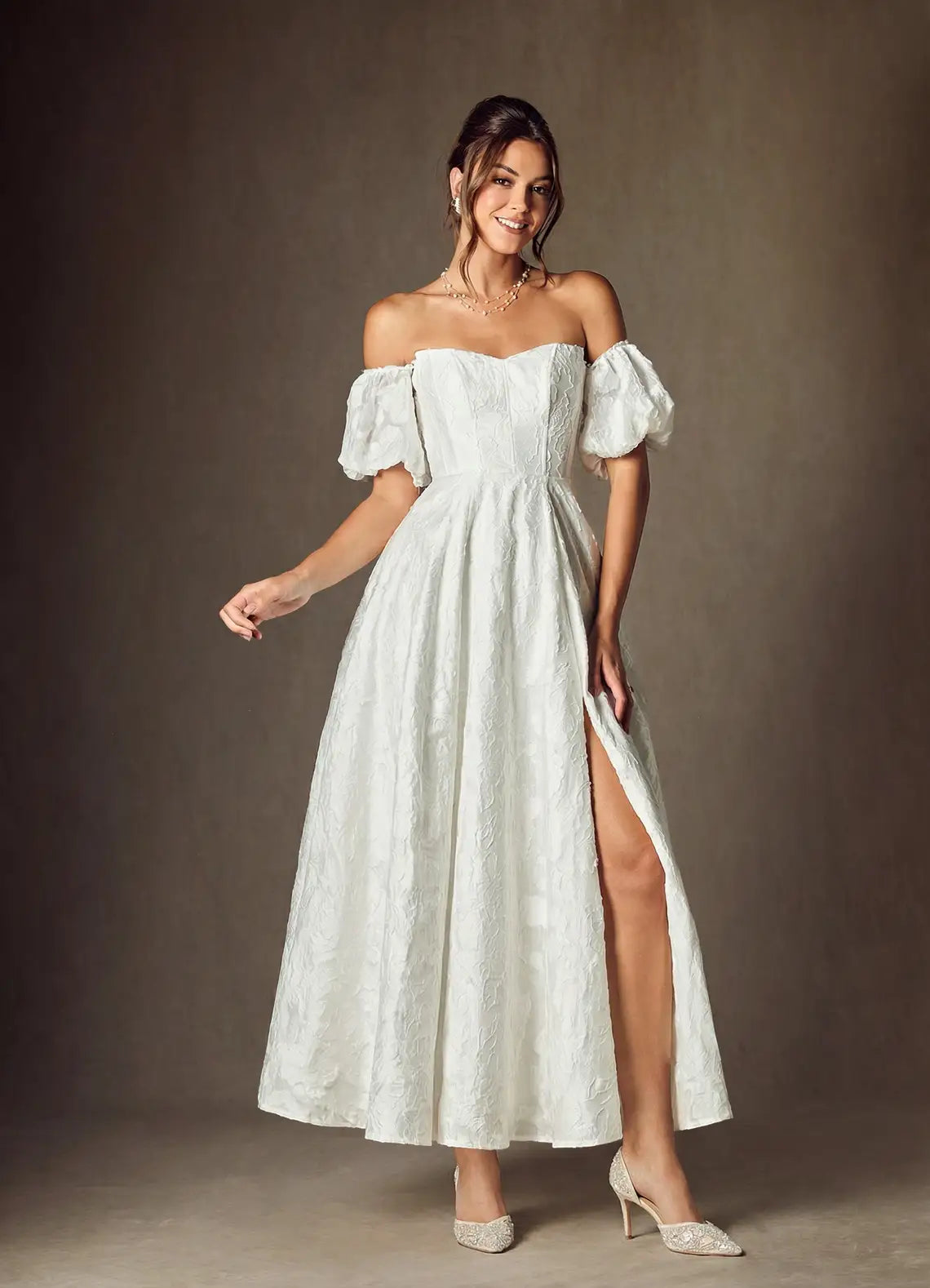 Versatile, Modern Romantic Aesthetic Convertible Strapless/Off-the-Shoulder Jacquard Midi Wedding Dress with Slit & Pockets
