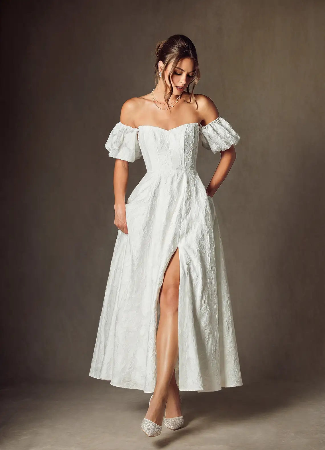 Versatile, Modern Romantic Aesthetic Convertible Strapless/Off-the-Shoulder Jacquard Midi Wedding Dress with Slit & Pockets