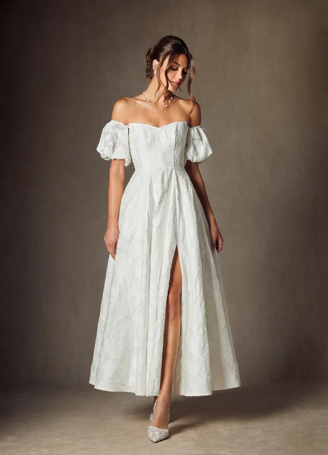 Versatile, Modern Romantic Aesthetic Convertible Strapless/Off-the-Shoulder Jacquard Midi Wedding Dress with Slit & Pockets
