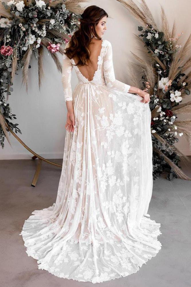 Vintage Lace A Line 3/4 Sleeves Wedding Dresses Elegant Backless Boho Bride Dress