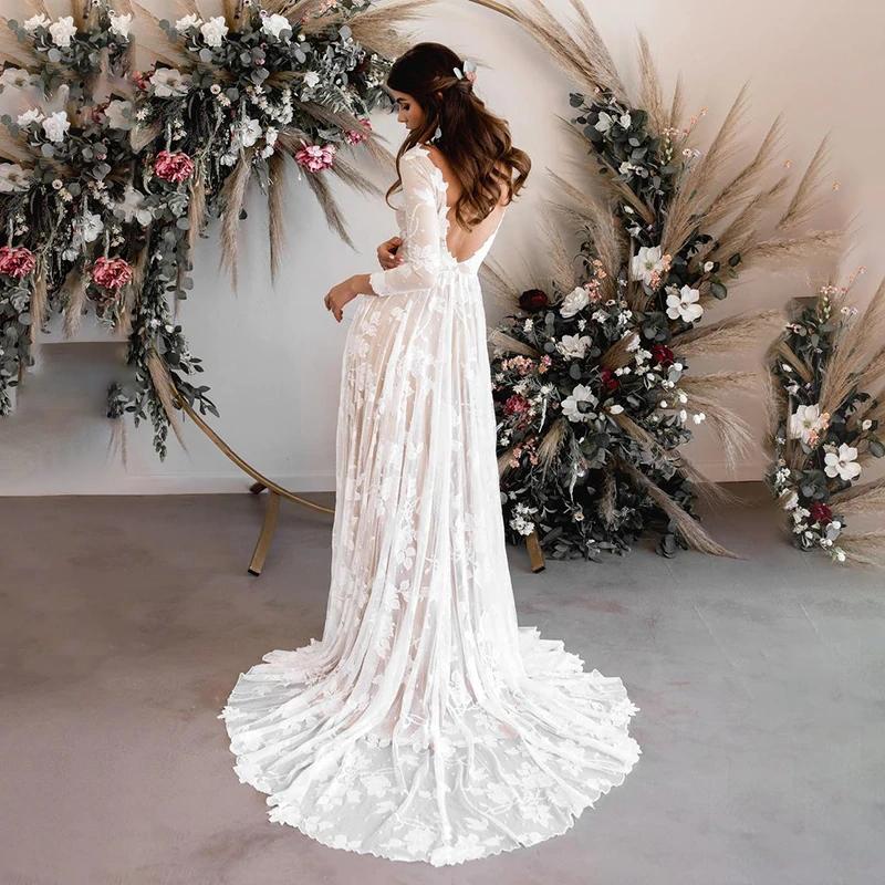 Vintage Lace A Line 3/4 Sleeves Wedding Dresses Elegant Backless Boho Bride Dress