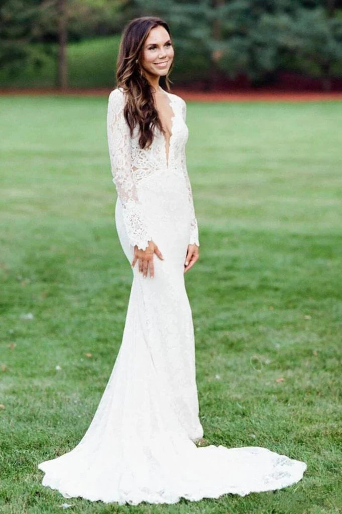 Vintage Long Sleeve Deep V Neck Mermaid Lace Wedding Dress Ivory Backless Bride Dress