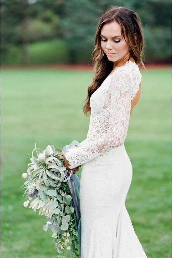 Vintage Long Sleeve Deep V Neck Mermaid Lace Wedding Dress Ivory Backless Bride Dress