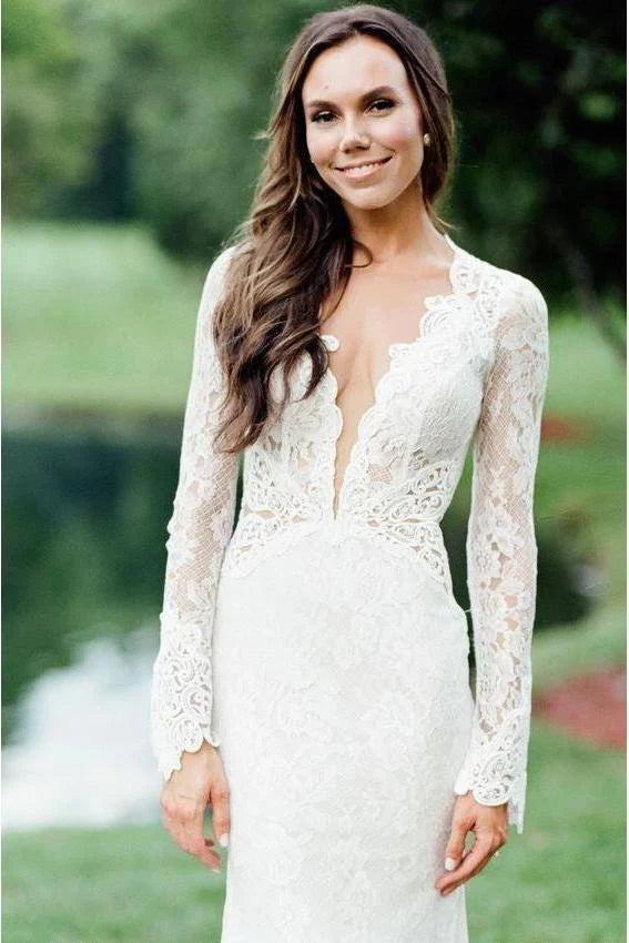 Vintage Long Sleeve Deep V Neck Mermaid Lace Wedding Dress Ivory Backless Bride Dress