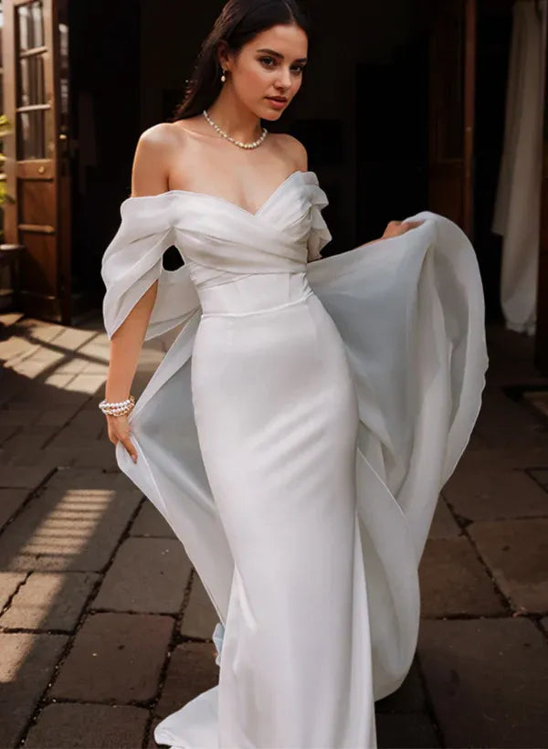Vintage Brush Train Fashion Off-the-Shoulder Chiffon Mermaid Wedding Dress with Draped Sleeves