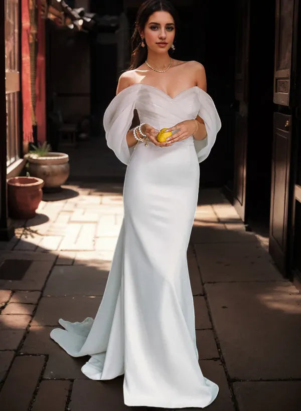 Vintage Brush Train Fashion Off-the-Shoulder Chiffon Mermaid Wedding Dress with Draped Sleeves