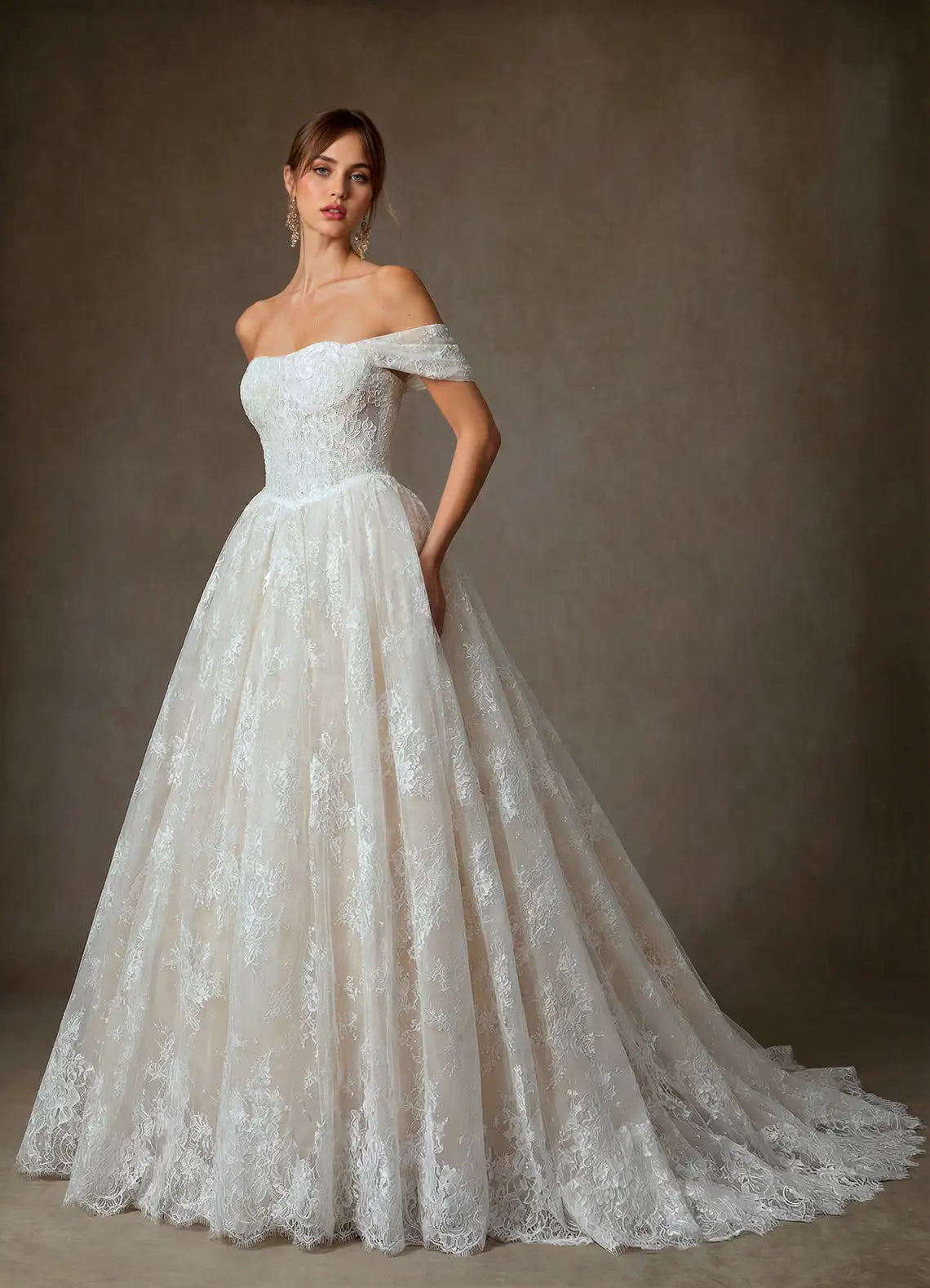Vintage Classic Convertible Strapless Lace Ball Gown Wedding Dress with Off-the-Shoulder Option