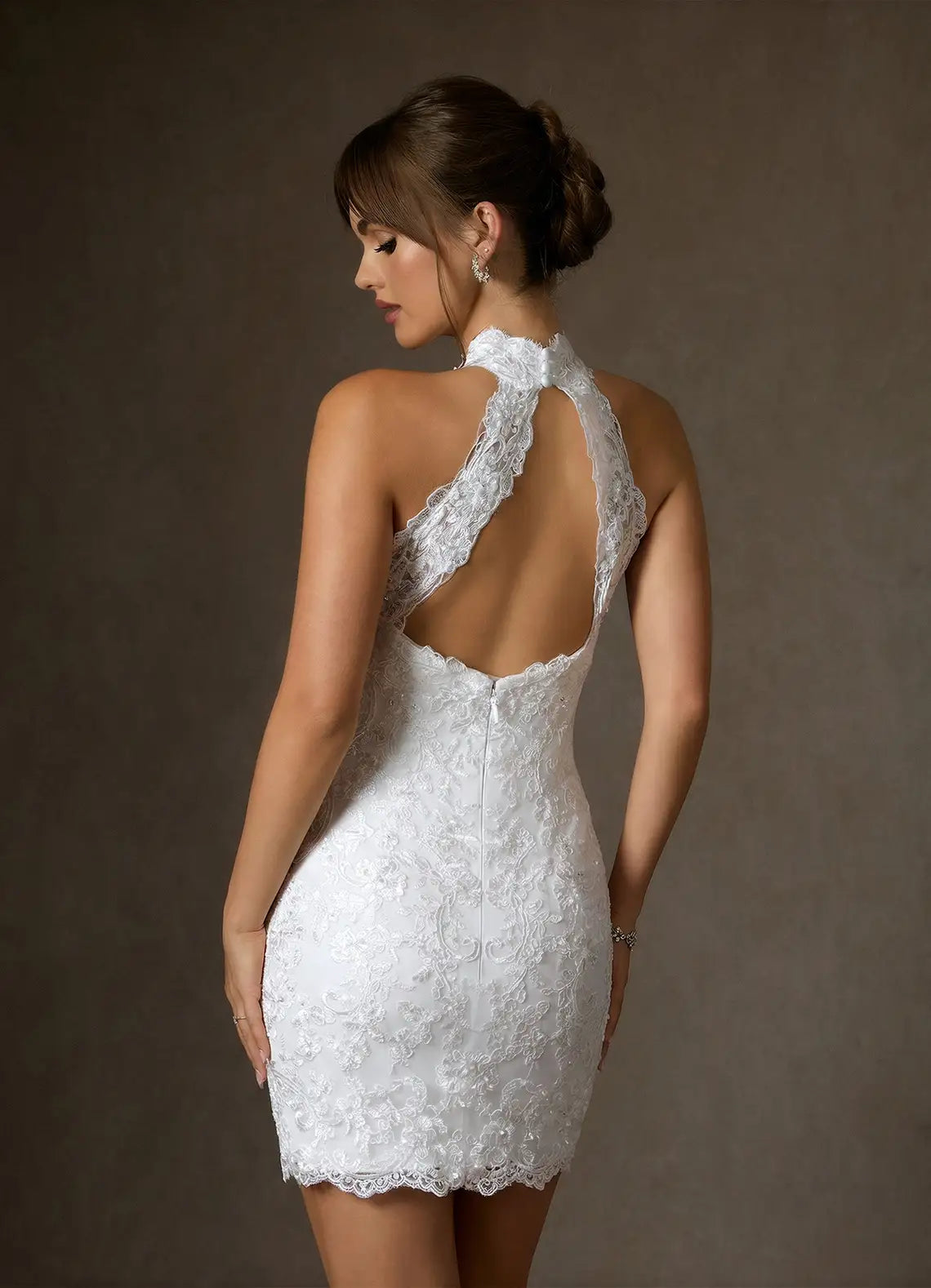 Vintage Classic Scalloped Lace Hem Detail High-Neck Lace Mini Wedding Dress with Keyhole Back
