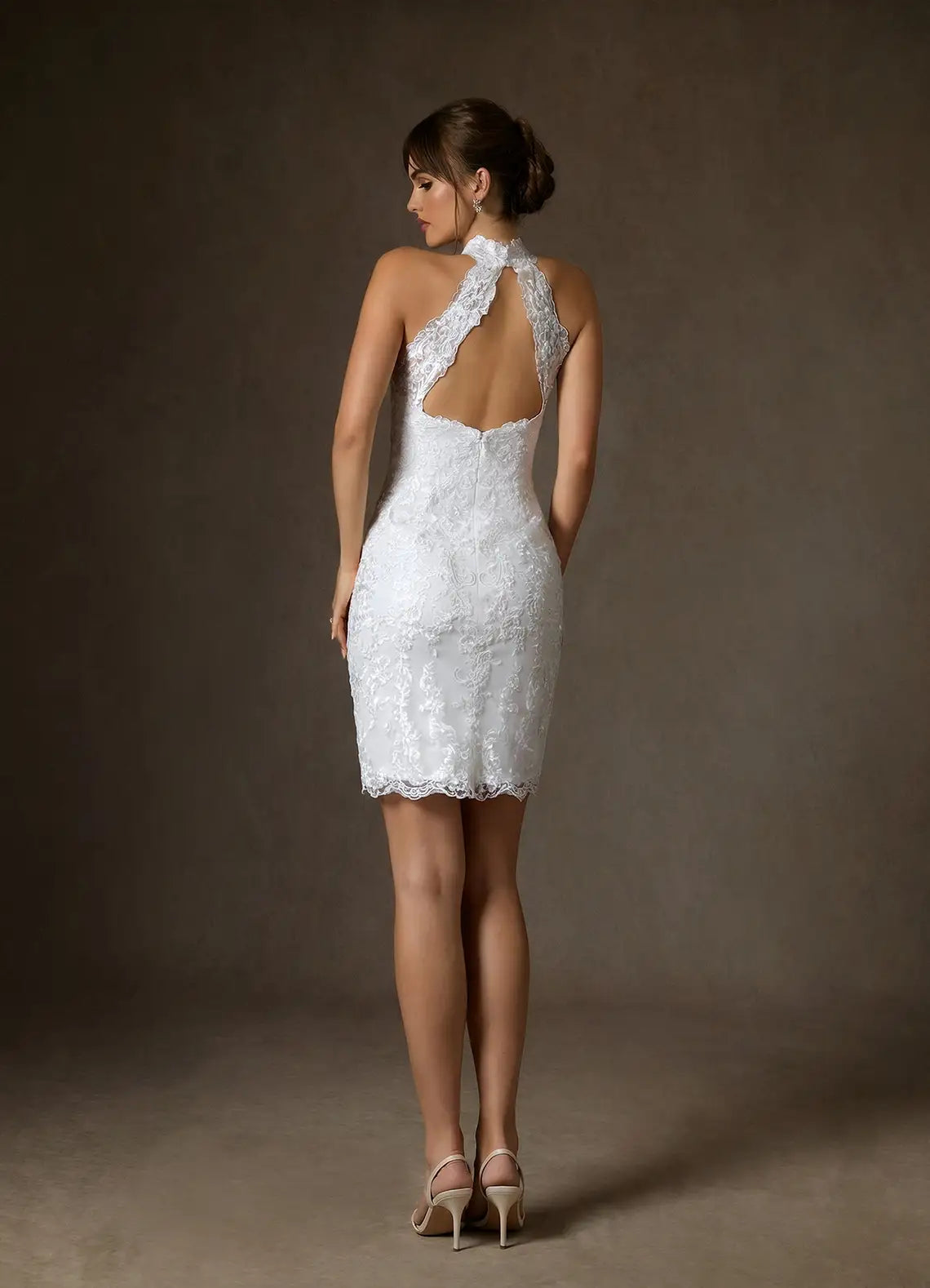 Vintage Classic Scalloped Lace Hem Detail High-Neck Lace Mini Wedding Dress with Keyhole Back
