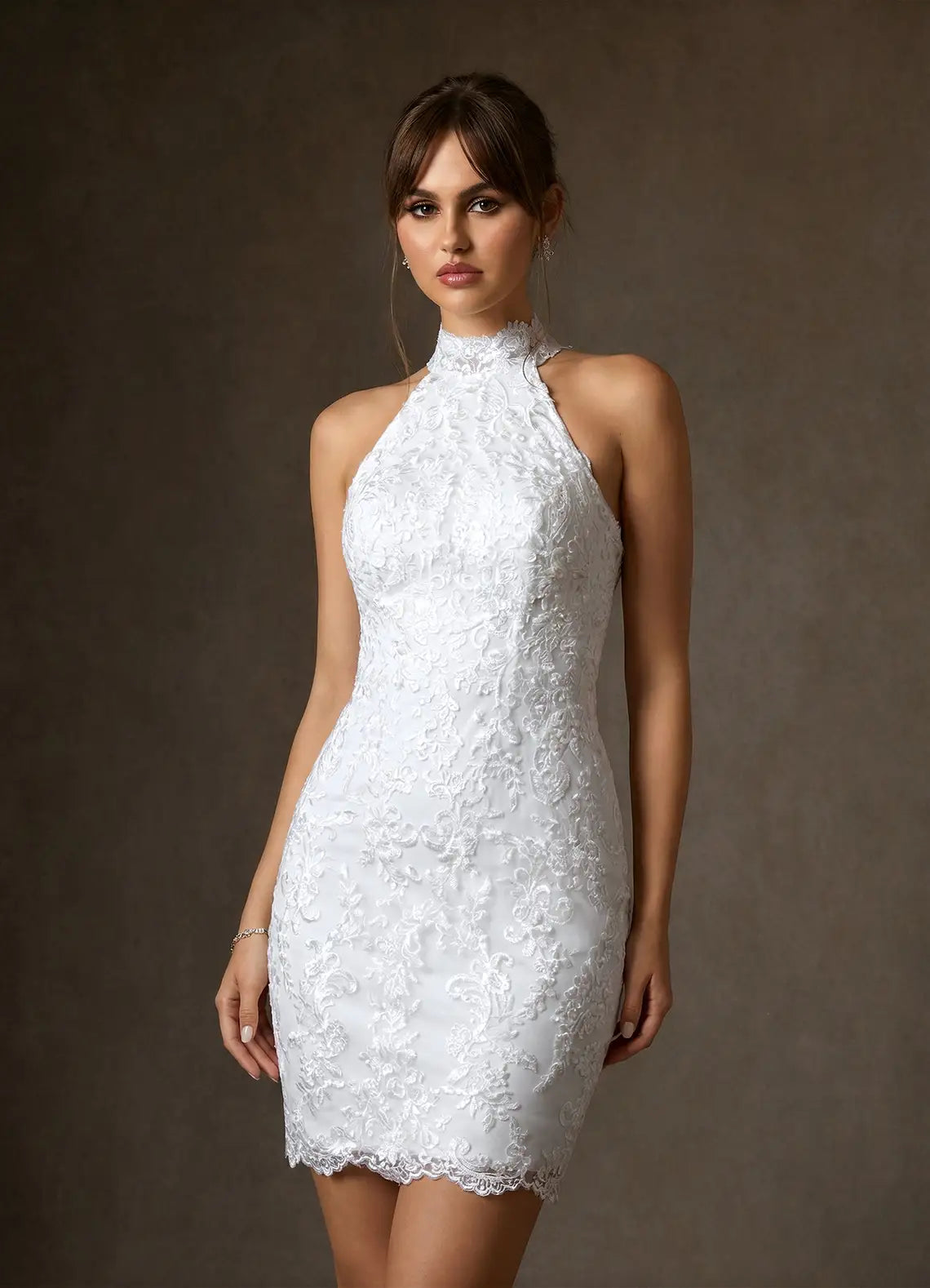 Vintage Classic Scalloped Lace Hem Detail High-Neck Lace Mini Wedding Dress with Keyhole Back