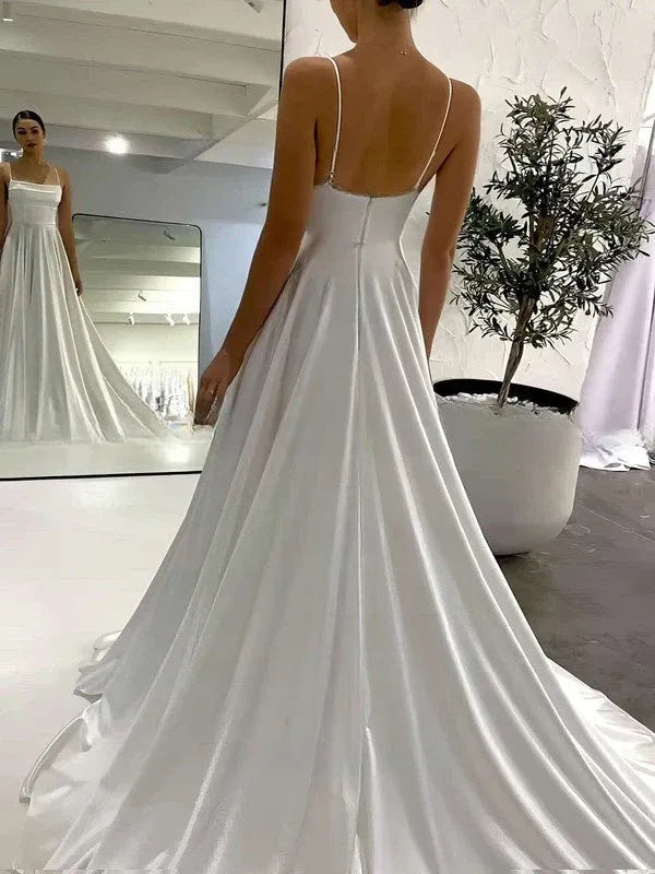 Vintage Fashion Sleeveless Satin Spaghetti Strap A-Line Ankle-Length Wedding Dress with Slit & Pockets