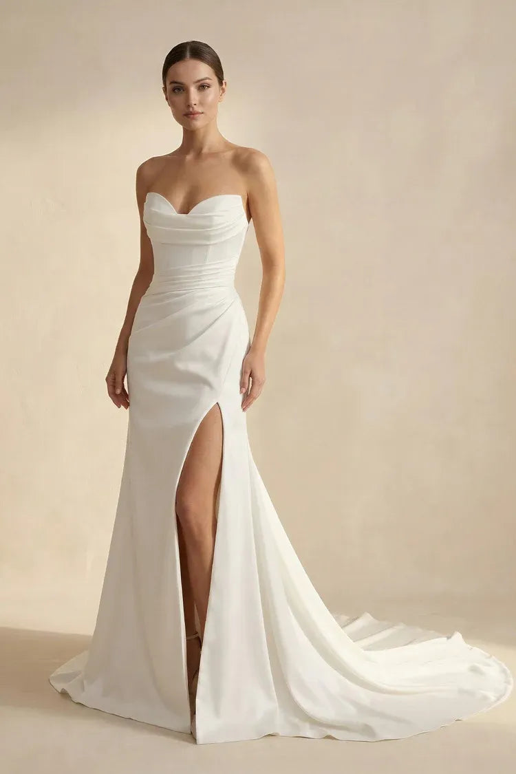 Vintage Fashion Strapless Sweetheart Neck Crepe Mermaid Floor-Length Wedding Dress with Slit