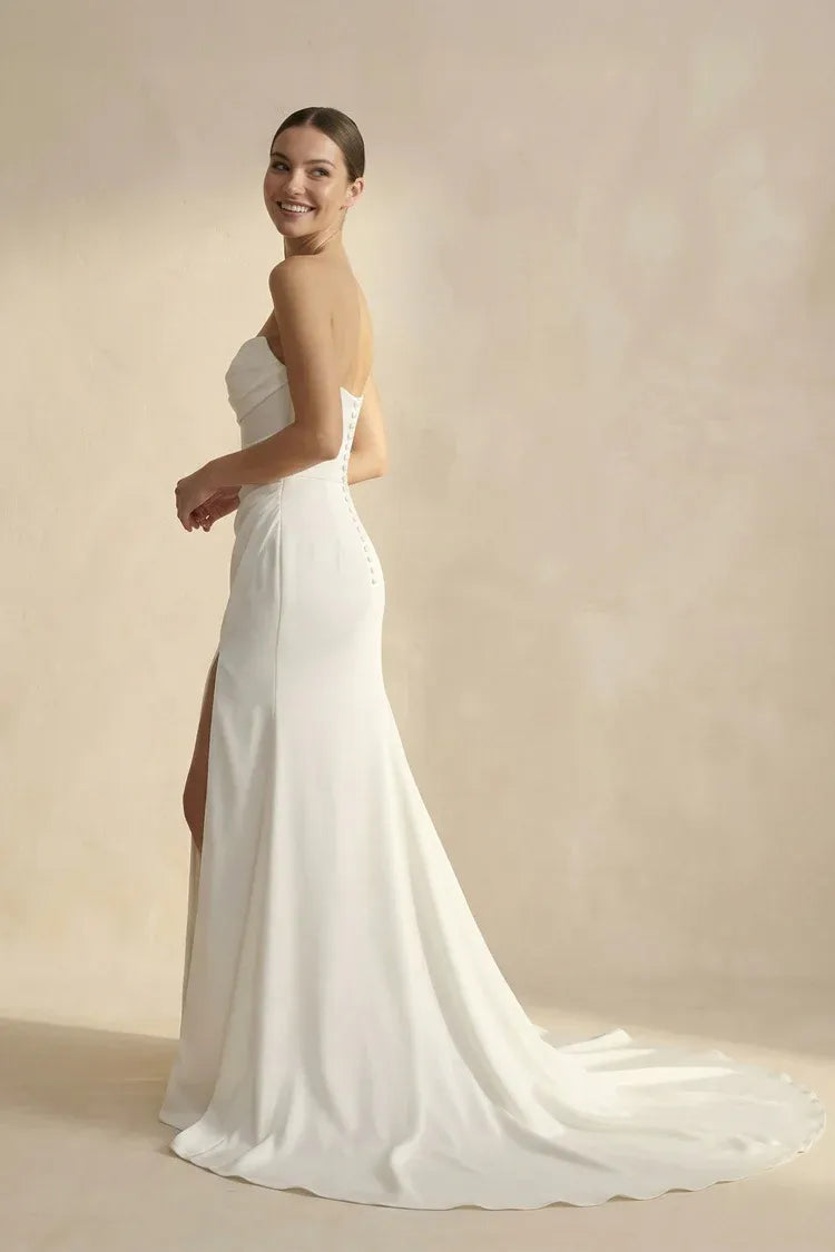 Vintage Fashion Strapless Sweetheart Neck Crepe Mermaid Floor-Length Wedding Dress with Slit