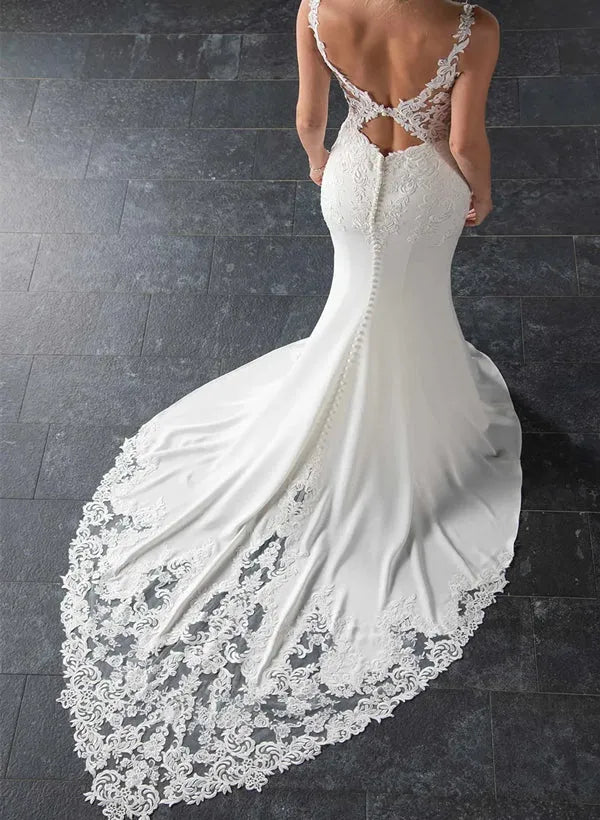 Vintage Fashion Sweetheart Neck Lace Mermaid Wedding Dress with Keyhole Back & Scalloped Train