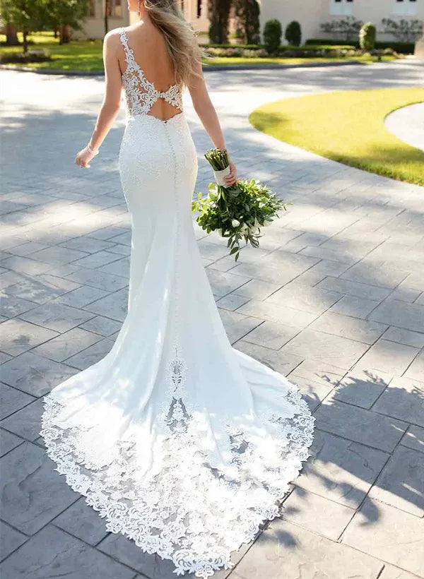 Vintage Fashion Sweetheart Neck Lace Mermaid Wedding Dress with Keyhole Back & Scalloped Train