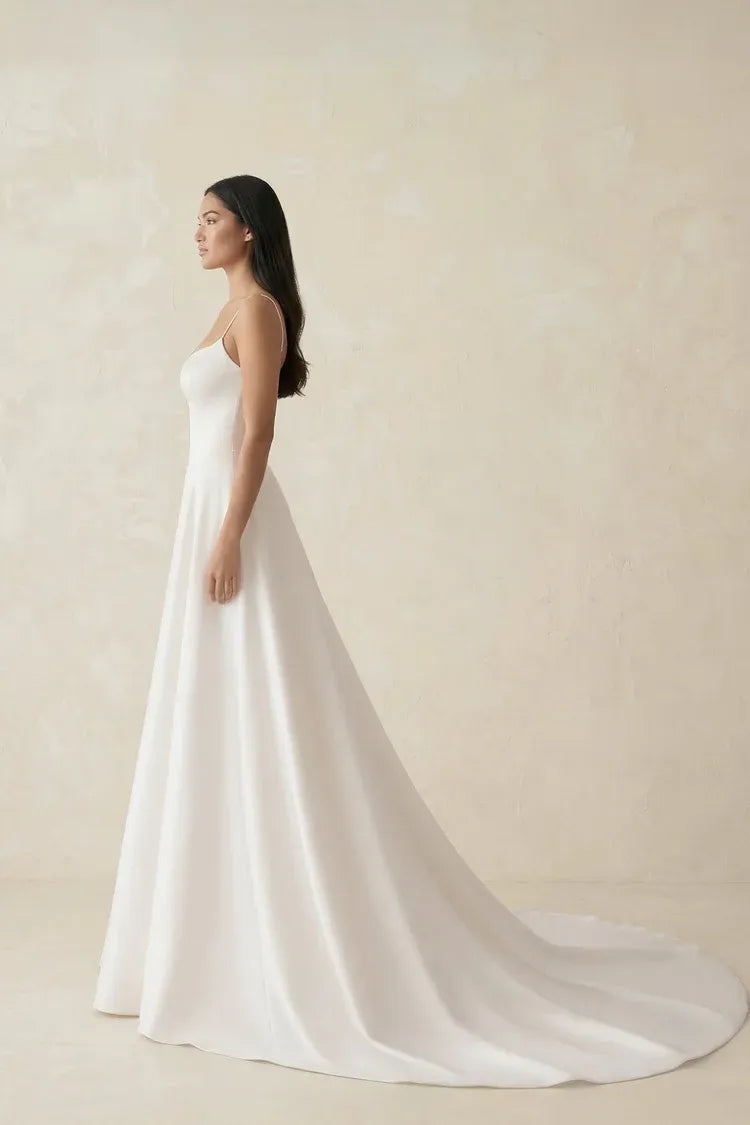 Vintage Fashion Thin Strap Square Neck Satin A-Line Ankle-Length Wedding Dress with Low Scoop Back