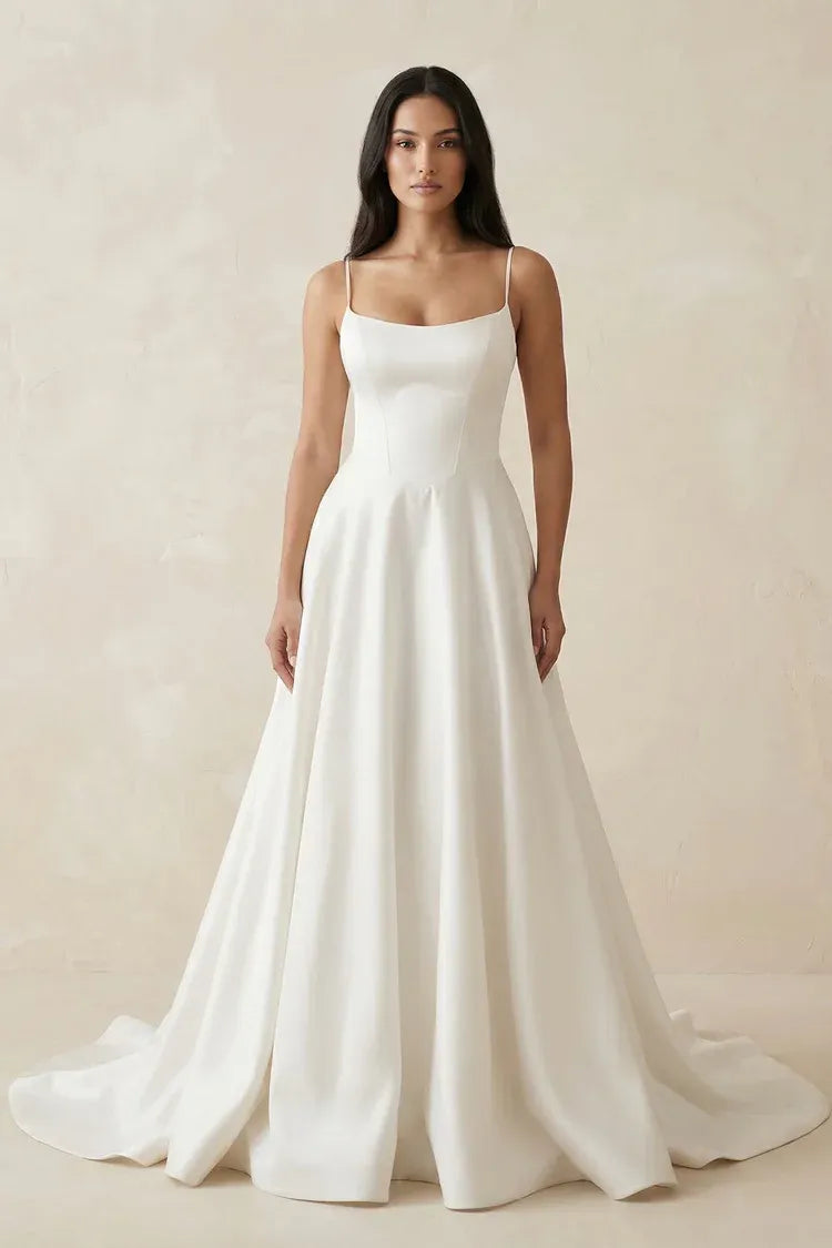 Vintage Fashion Thin Strap Square Neck Satin A-Line Ankle-Length Wedding Dress with Low Scoop Back