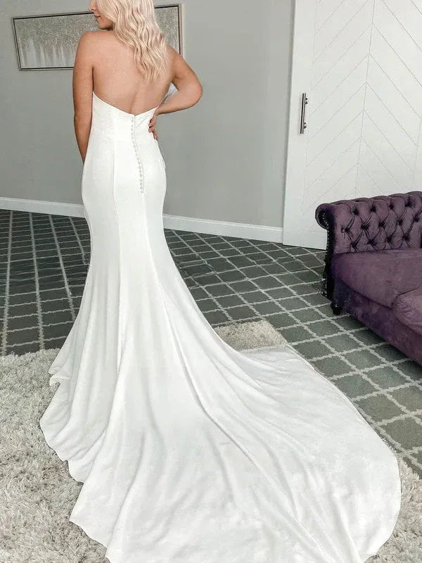 Vintage Jewel Neck Minimalist Halter Neck Satin Mermaid Brush Train Wedding Dress with Beaded Collar