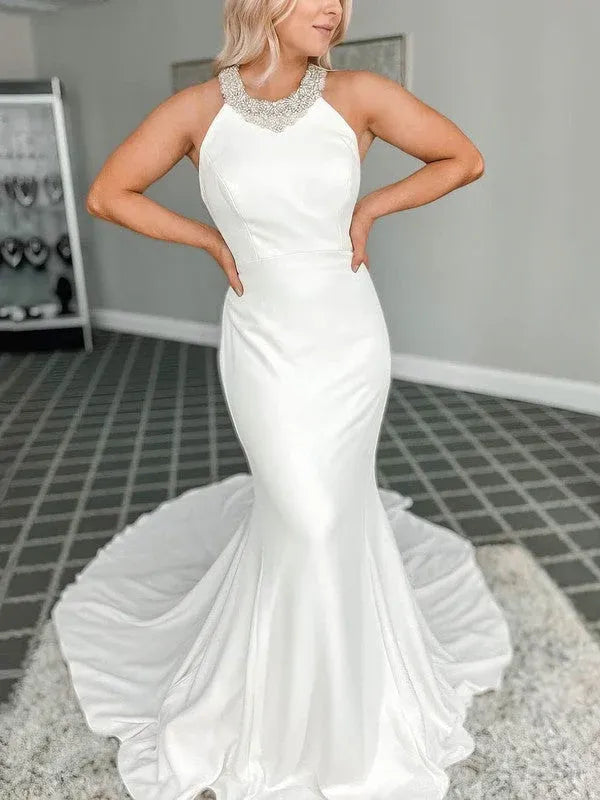 Vintage Jewel Neck Minimalist Halter Neck Satin Mermaid Brush Train Wedding Dress with Beaded Collar