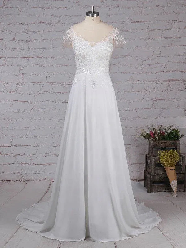 Vintage Modern Brush Train Off-the-Shoulder Lace Chiffon A-Line Wedding Dress with Short Sleeves