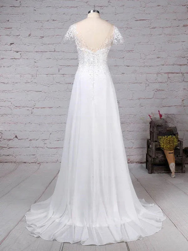 Vintage Modern Brush Train Off-the-Shoulder Lace Chiffon A-Line Wedding Dress with Short Sleeves