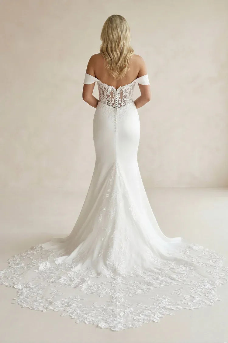 Vintage Modern Fashion Chapel Train Off-the-Shoulder Satin Mermaid Wedding Dress with Lace Train