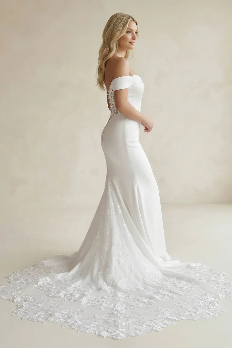 Vintage Modern Fashion Chapel Train Off-the-Shoulder Satin Mermaid Wedding Dress with Lace Train