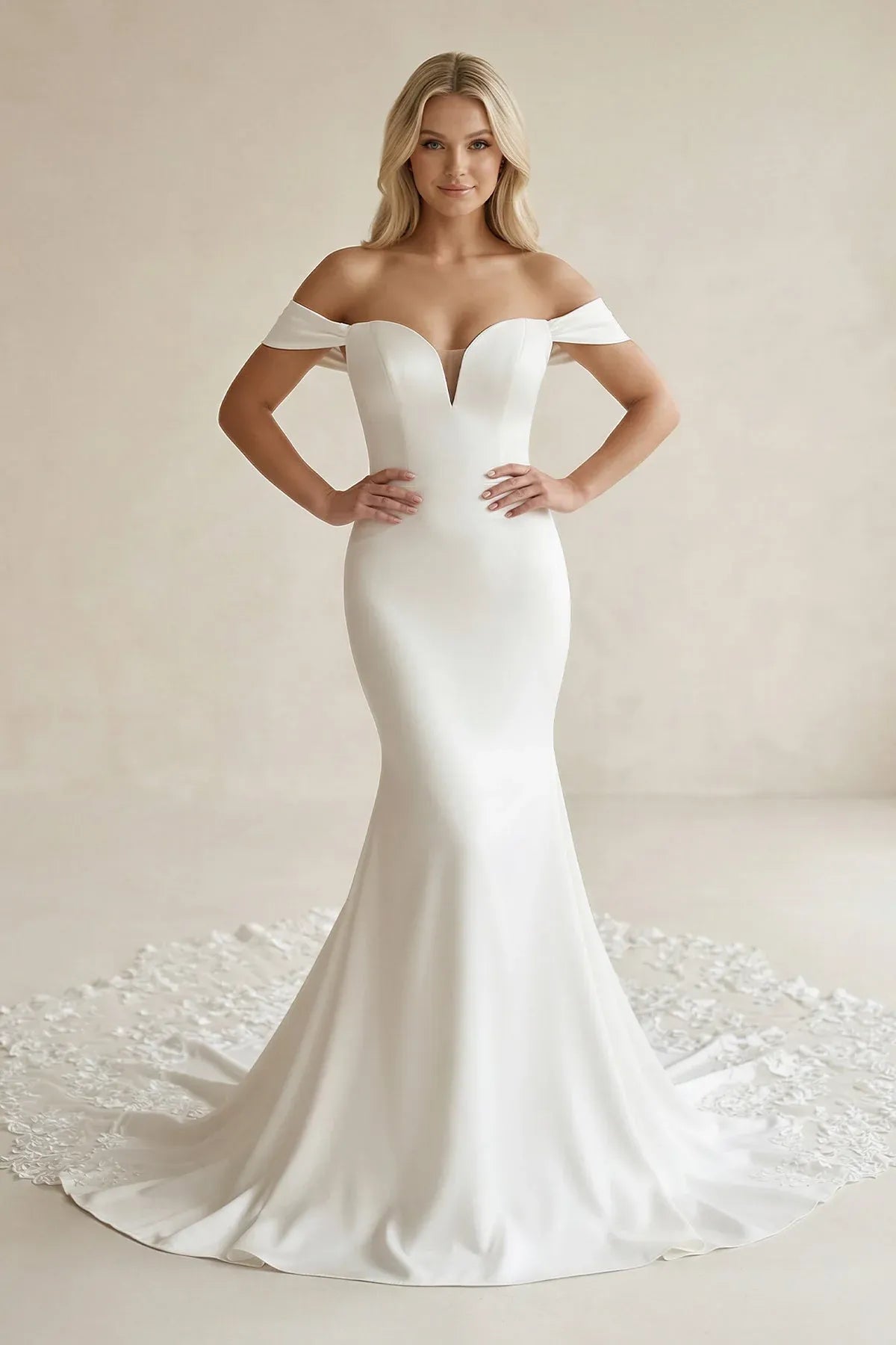 Vintage Modern Fashion Chapel Train Off-the-Shoulder Satin Mermaid Wedding Dress with Lace Train