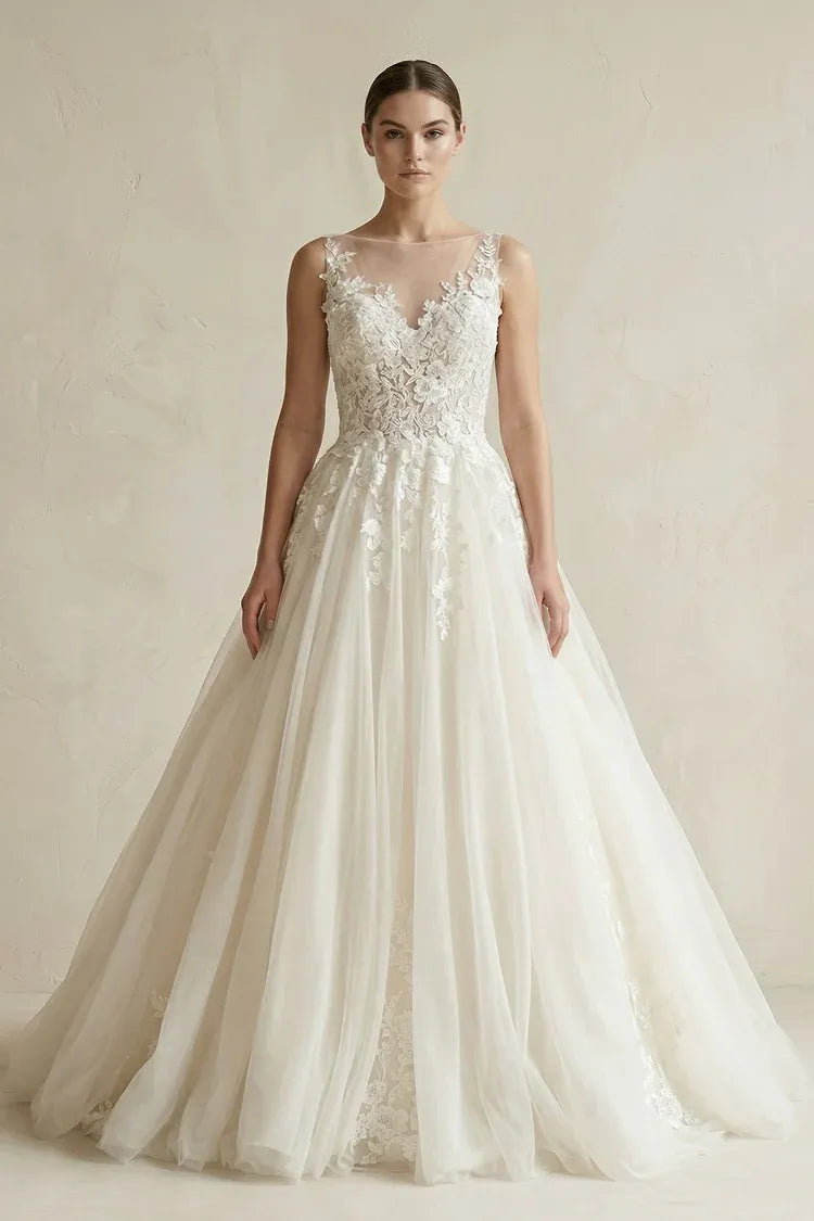 Vintage Modern Fashion Illusion Neckline Lace A-Line Brush Train Wedding Dress with Floral Appliqués
