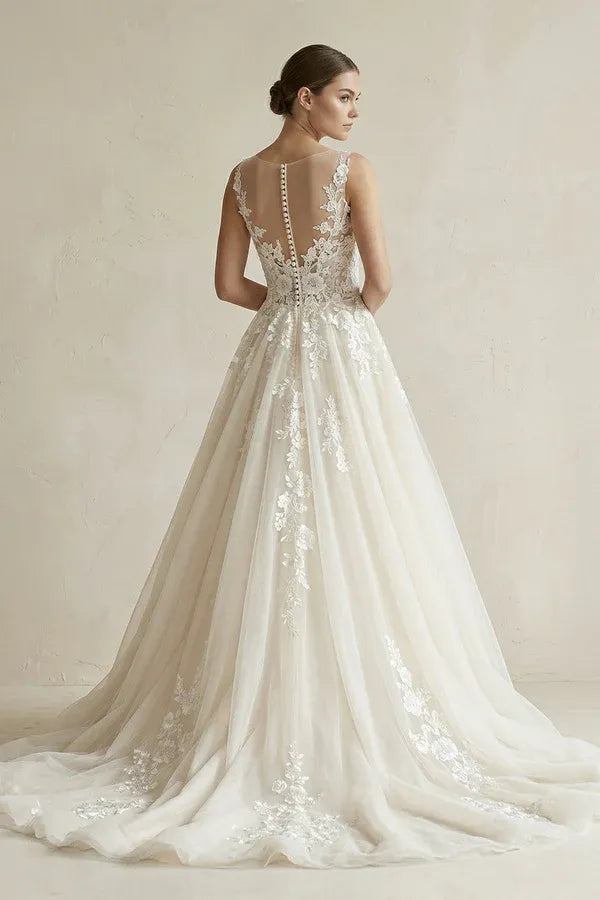Vintage Modern Fashion Illusion Neckline Lace A-Line Brush Train Wedding Dress with Floral Appliqués