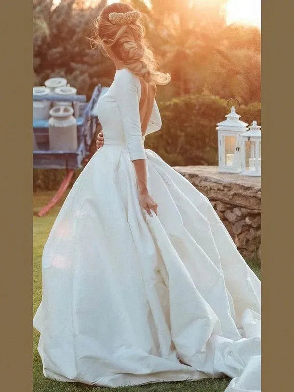 Vintage Modern Floor-Length Three-Quarter Sleeve Satin Ball Gown Wedding Dress with Open Back