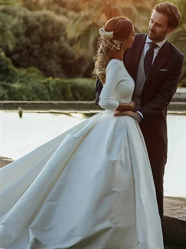 Vintage Modern Floor-Length Three-Quarter Sleeve Satin Ball Gown Wedding Dress with Open Back