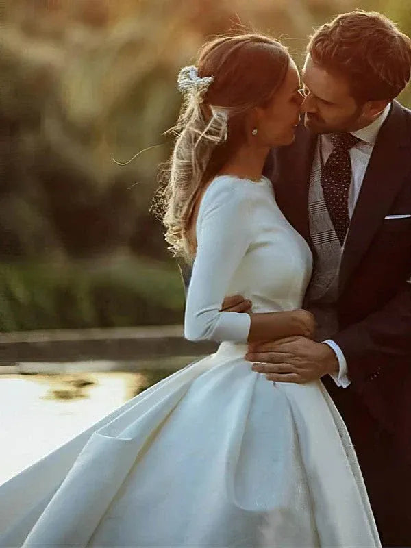 Vintage Modern Floor-Length Three-Quarter Sleeve Satin Ball Gown Wedding Dress with Open Back
