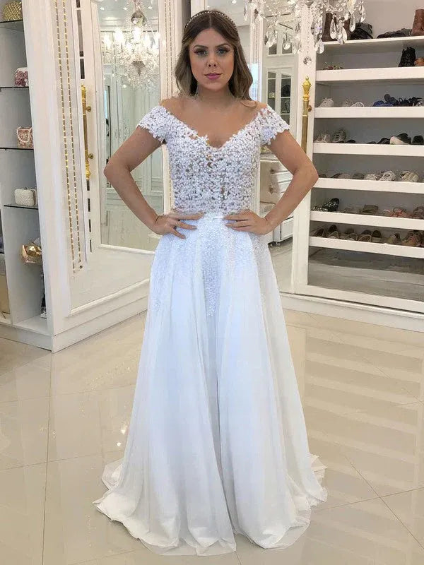 Vintage Modern Off-the-Shoulder Lace Chiffon A-Line Ball Gown Wedding Dress with Keyhole Back